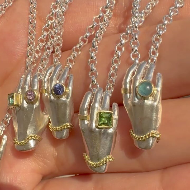 At last I have put together a very small batch of one of a kind colored gemstone Hand Pendants! Hope you enjoy this exploration into some of my favorite color combinations. Mostly all Natural Tourmaline gemstones with the exception of two purple sapp