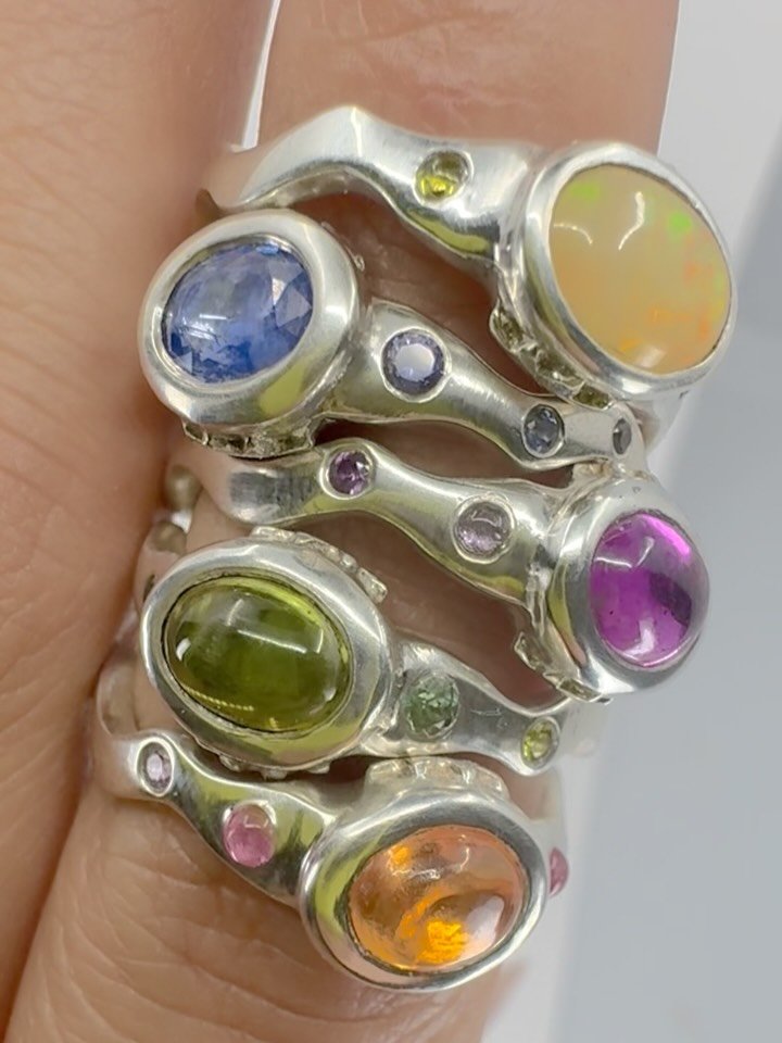 The juiciest silver squiggles are live! These I made so many months ago but have been waiting to finish the rest of the collection. But what&rsquo;s fun about these is I didn&rsquo;t choose any colors I just used whichever stones I had that fit into 