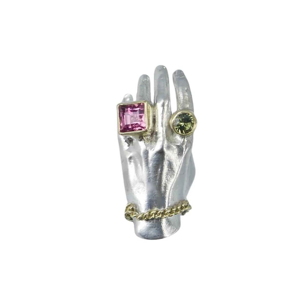 Pink Tourmaline and Olive Green Hand Pendant