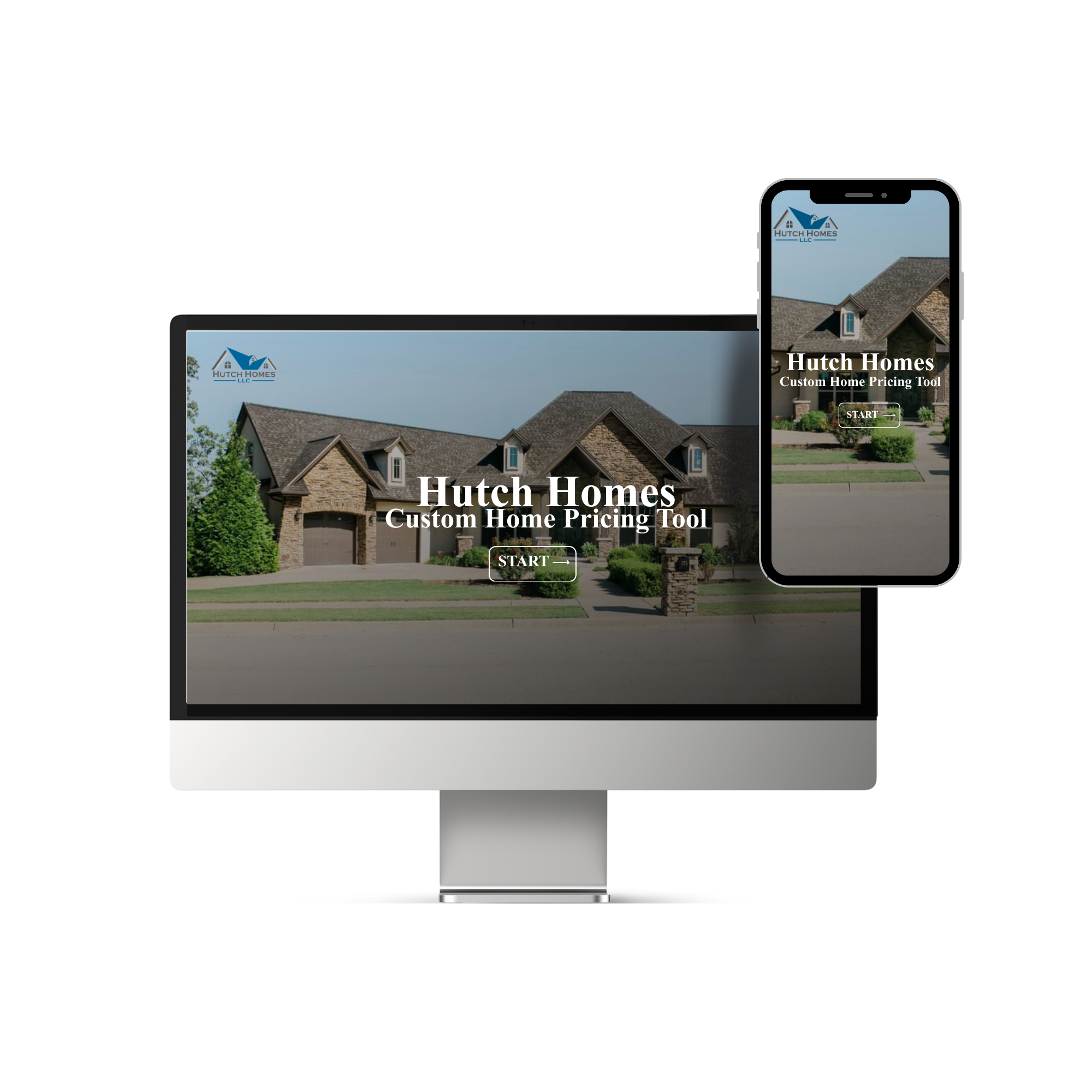 A desktop computer and a smartphone displaying the homepage of Hutch Homes' custom home pricing tool, featuring a large image of a brick house and the Hutch Homes logo.