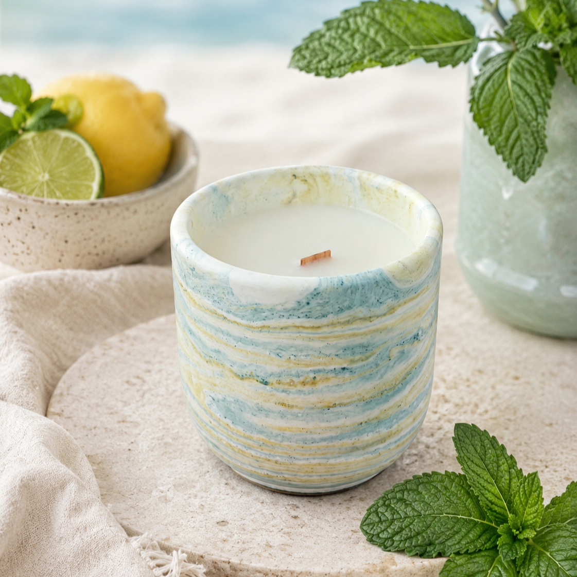 Marbled ceramic candle holder, a potted plant with mint leaves, and a bowl of lemons and lime slices on a sandy surface.