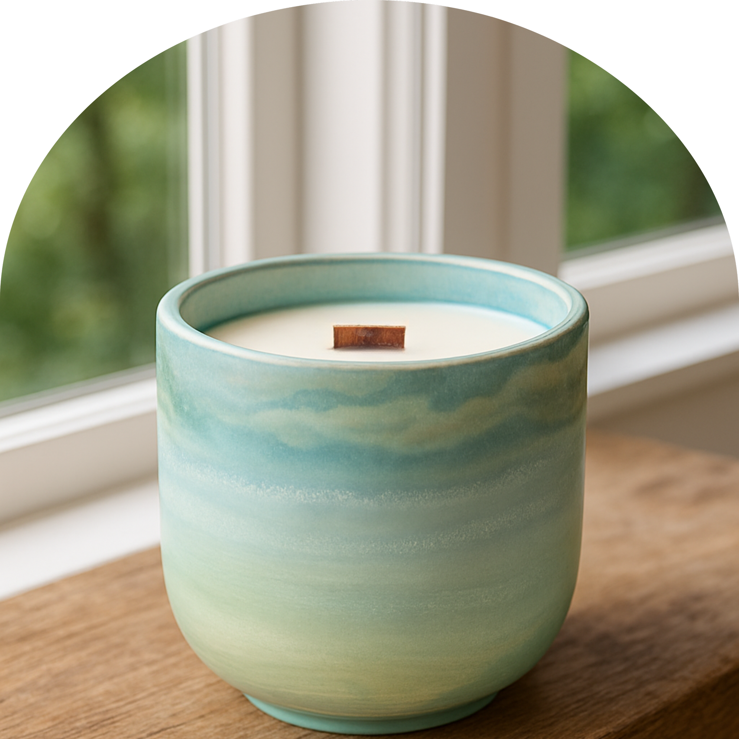 A ceramic candle holder with a light blue and green marbled pattern, containing a white candle with a small wooden wick, placed on a wooden surface near a window with a greenery view.