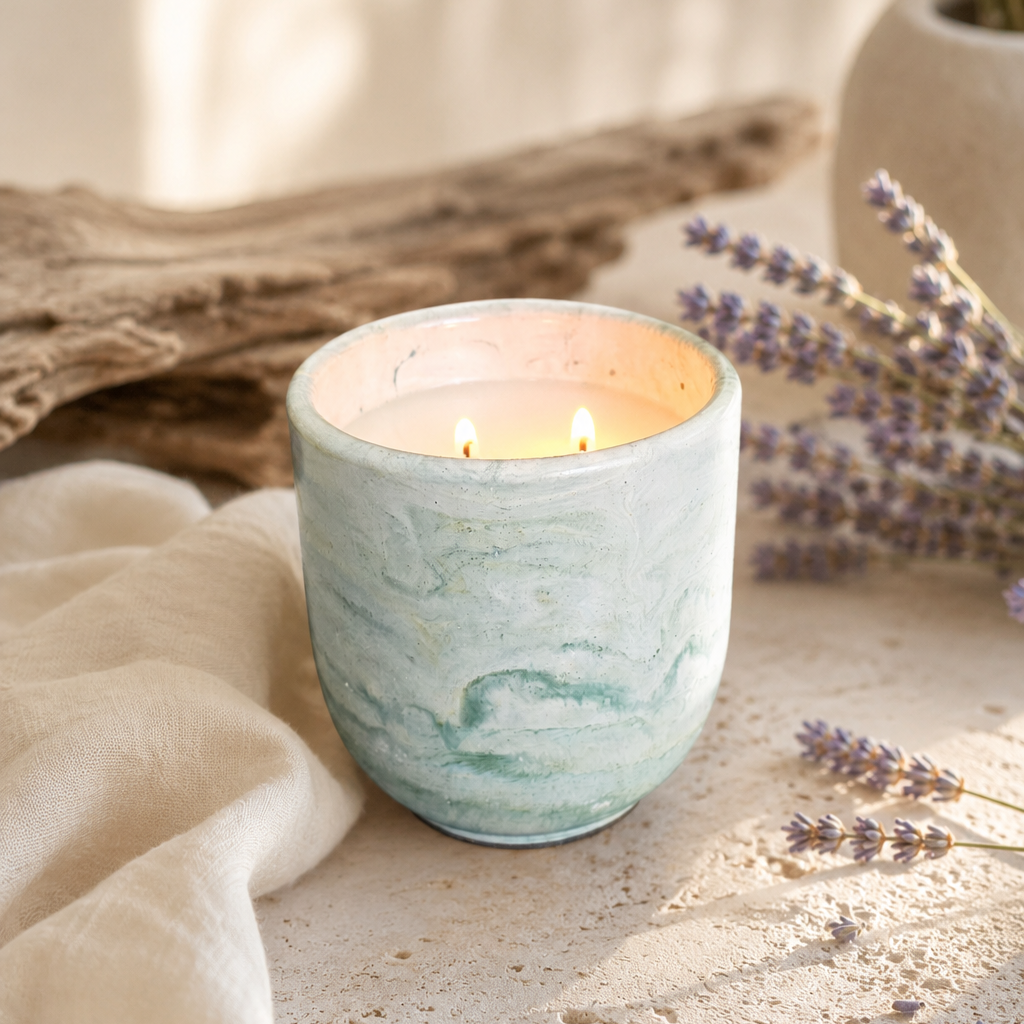 A lit candle in a blue and white marbled ceramic holder, with lavender sprigs, a piece of beige cloth, and a weathered piece of driftwood on a light-colored surface.