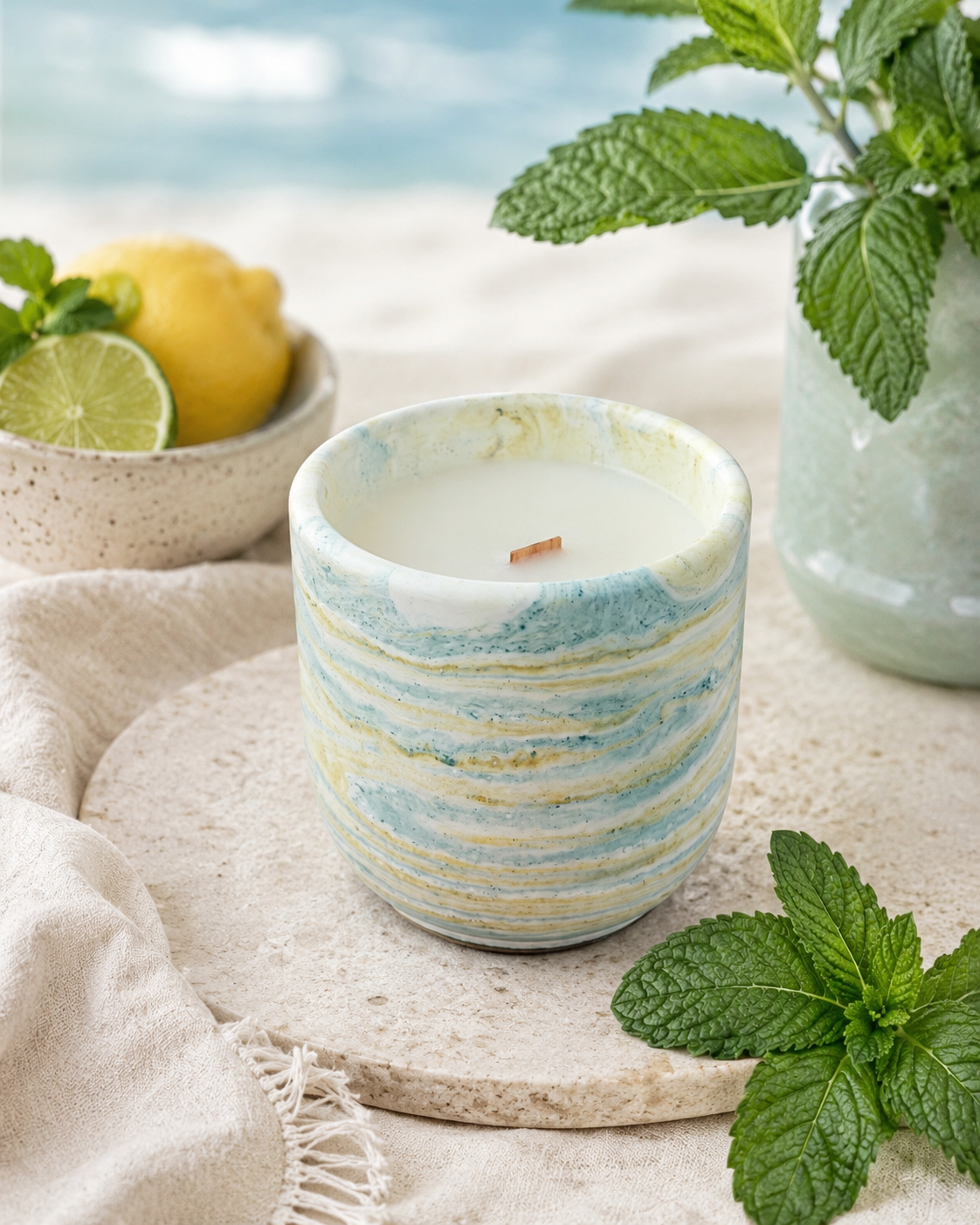 Marble-patterned candle on a round stone tray, surrounded by fresh mint leaves, a bowl of lemon and lime slices, and a whole lemon in the background with a blurred outdoor scene.