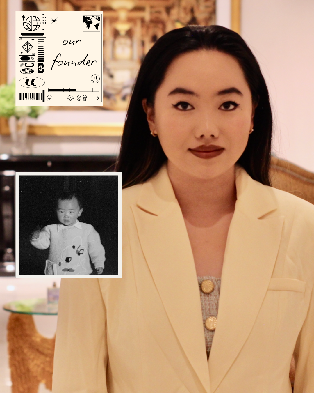 A woman with long black hair wearing a light yellow blazer, sitting indoors. In the upper left corner, there is a graphic with the phrase 'our founder' and various icons. Below that, a black-and-white photo of a young child wearing a sweater with a pattern, raising a fist.