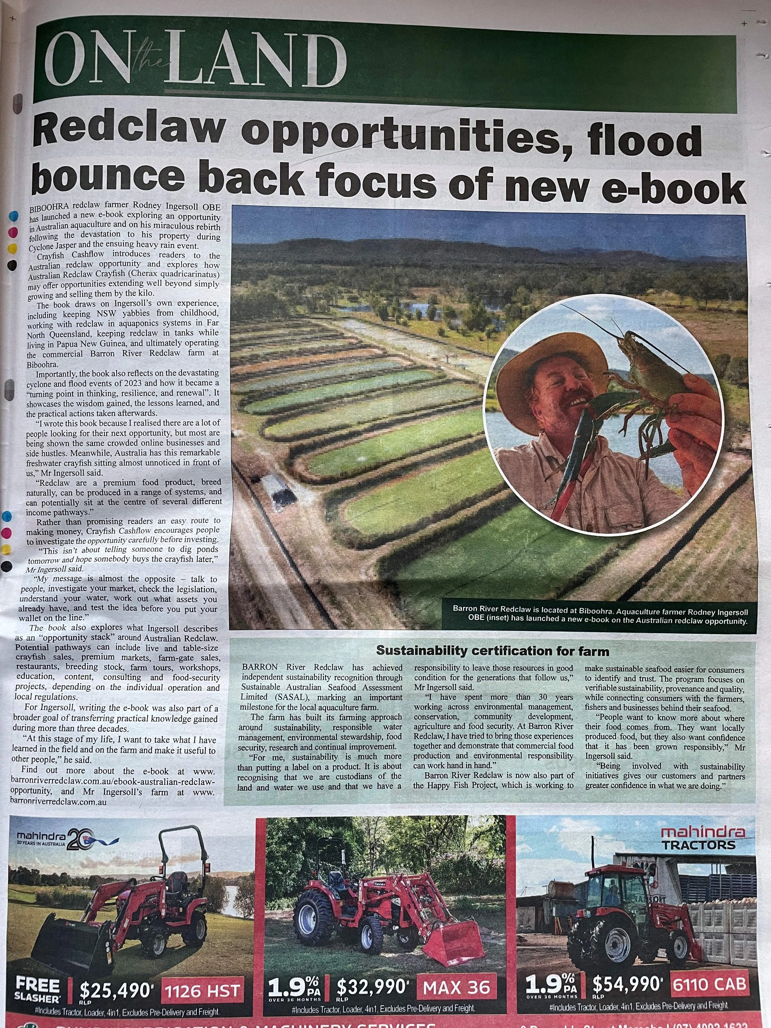 A page from a newspaper or magazine featuring an article about a redclaw farm, with a large aerial photo of a farming area, and a smaller inset photo of a man holding a redclaw lobster. The page highlights Australian redclaw farming, sustainability c