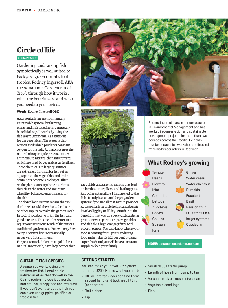A man wearing a wide-brimmed hat and a blue shirt holding a fish in front of lush green plants in a garden or aquaponic system, with another image of plastic containers filled with leafy greens and vegetables nearby.