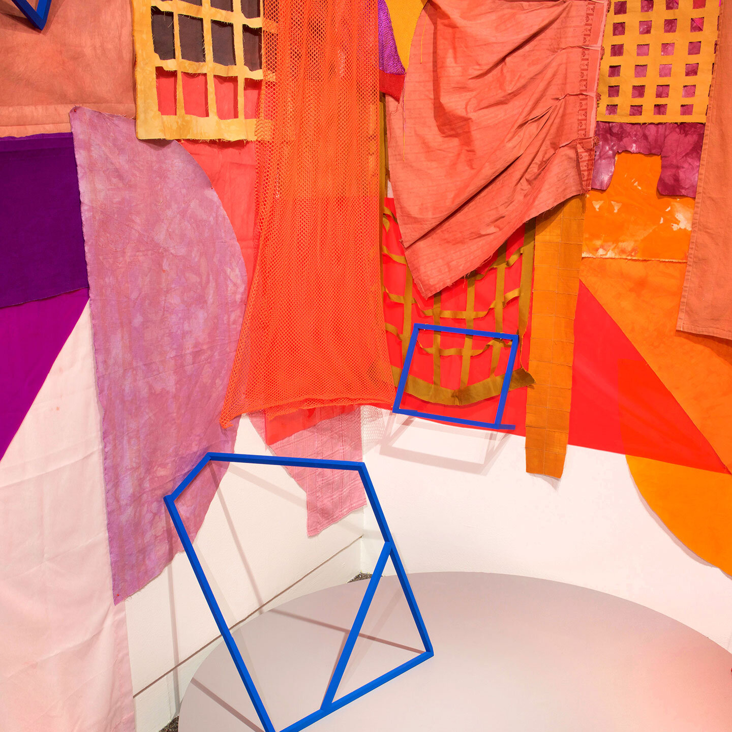 DREAM ATTACK
Thread, yarn, hand dyed fabric, painted wood structures, knitted thread, and rocks, 36 x 8 feet, 2020
Installed at the Albany International Airport