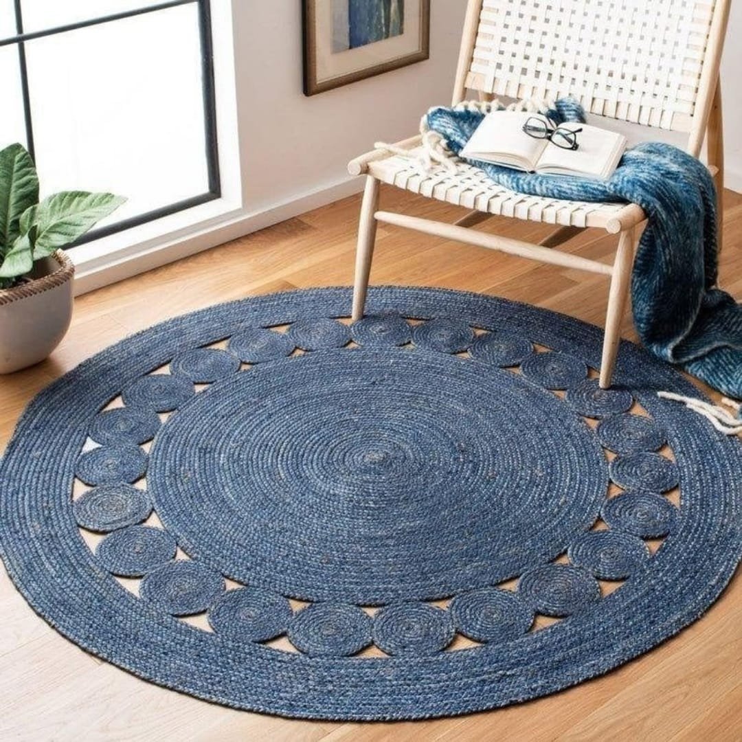 Blue SolidcJute Braided round Rug