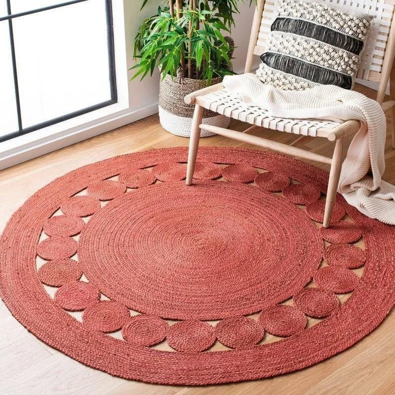 Red Solid Jute Braided Round Rug