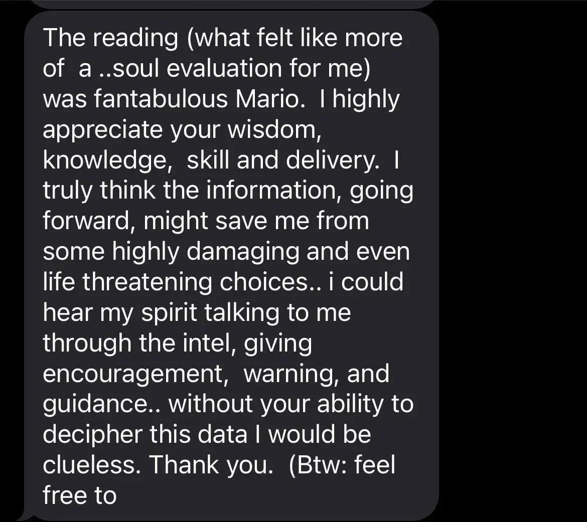 A screenshot of a text message discussing how reading made the sender feel a deeper connection and how it may help avoid harmful choices. The message also mentions spiritual guidance and the importance of data decoding.