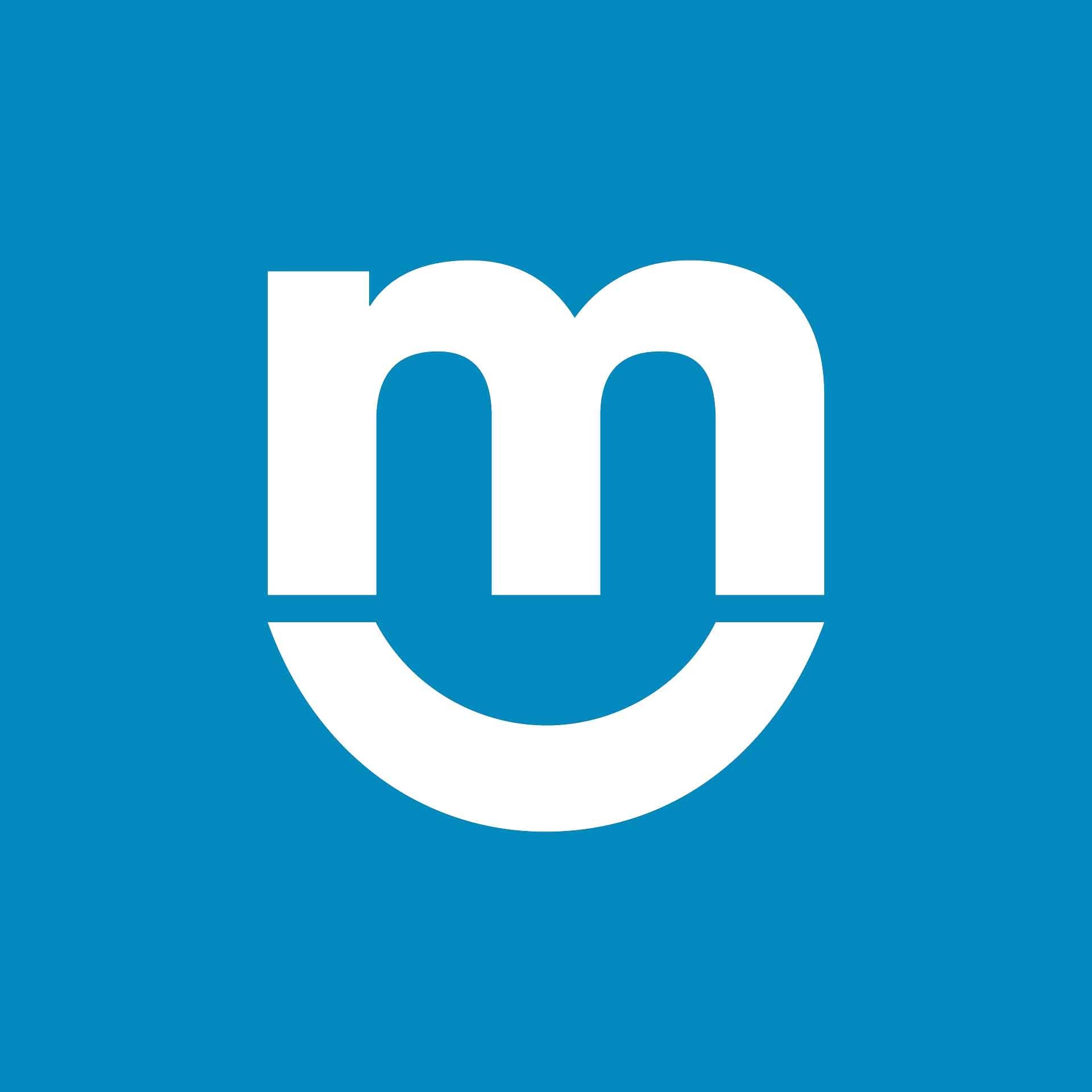 Blue background with a white smiling face logo