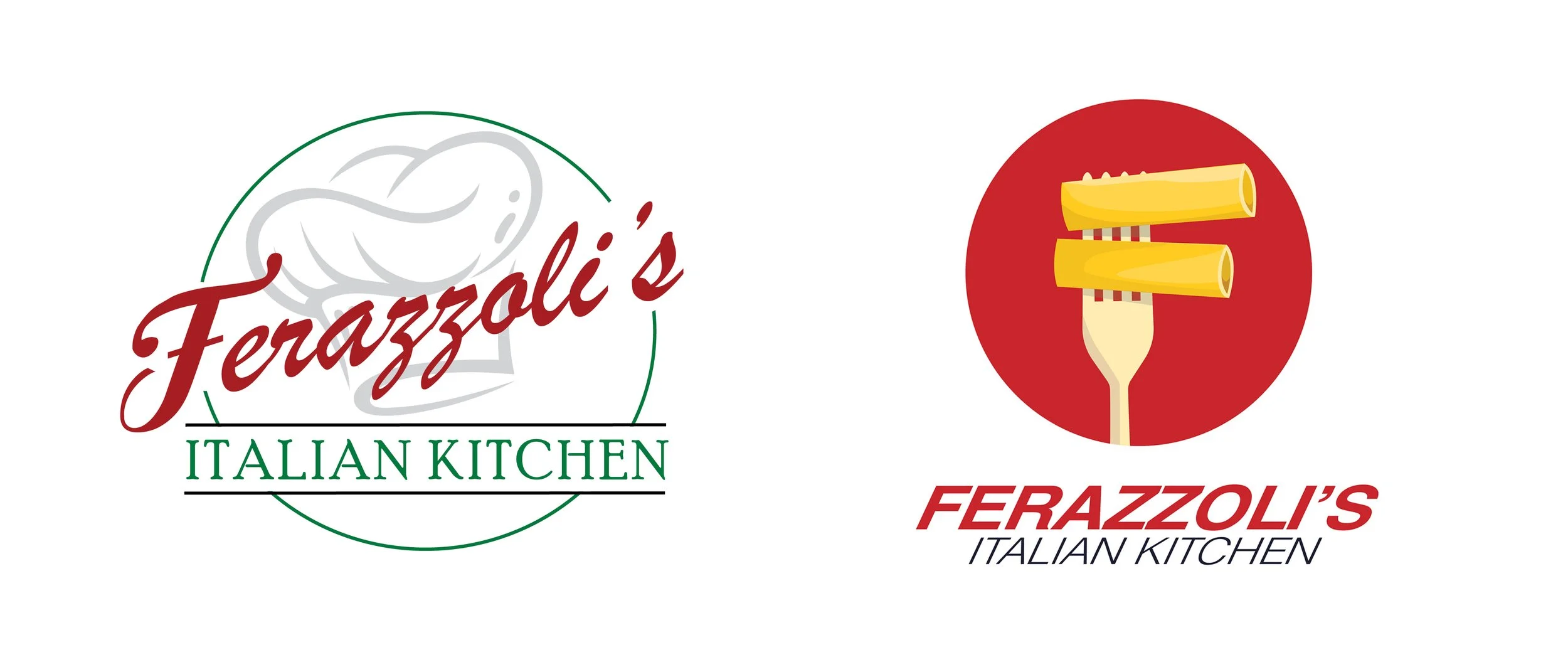 Old and dated Ferazzoli's logo with new updated, modern logo with a fork and pasta creating an F