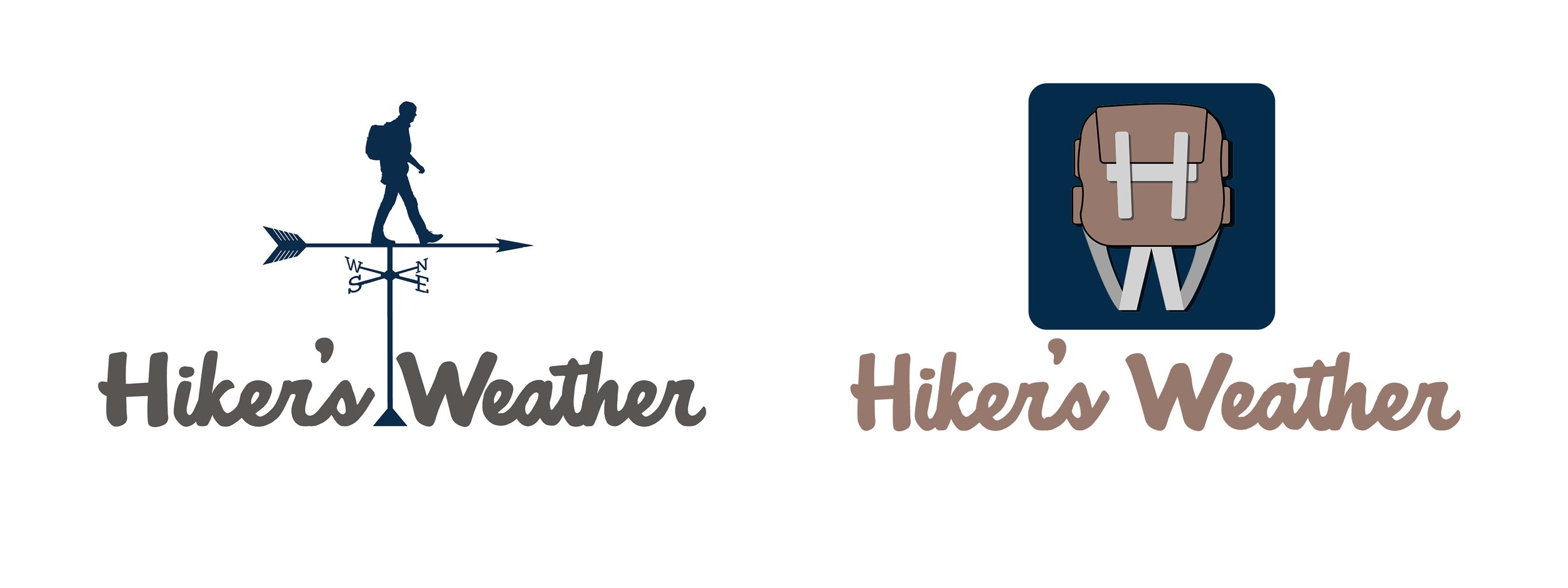 Two logo designs for Hikers Weather. The first features a hiker silhouette walking on a weather vane with a compass rose, and the text 'Hikers Weather' below. The second displays a backpack icon with the text 'Hikers Weather' beneath.