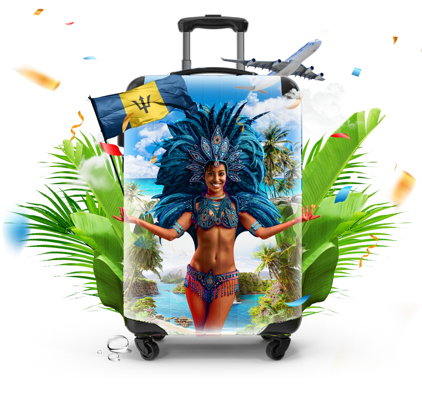 A woman in carnival costume with a feathered headdress posing in front of a tropical beach scene. The image appears inside a suitcase with palm leaves, an airplane, and a Caribbean flag, symbolizing travel and vacation.