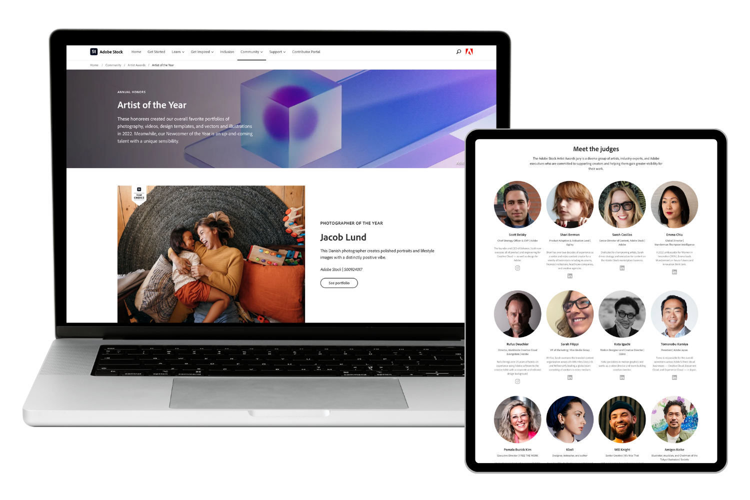 Adobe Stock Artist Awards campaign. Left: Artist of the Year landing page. Right: A few of the Awards jury members.

--
From over 340 million assets in the stock content collection, the company recognized some of the best examples of aesthetic, techn