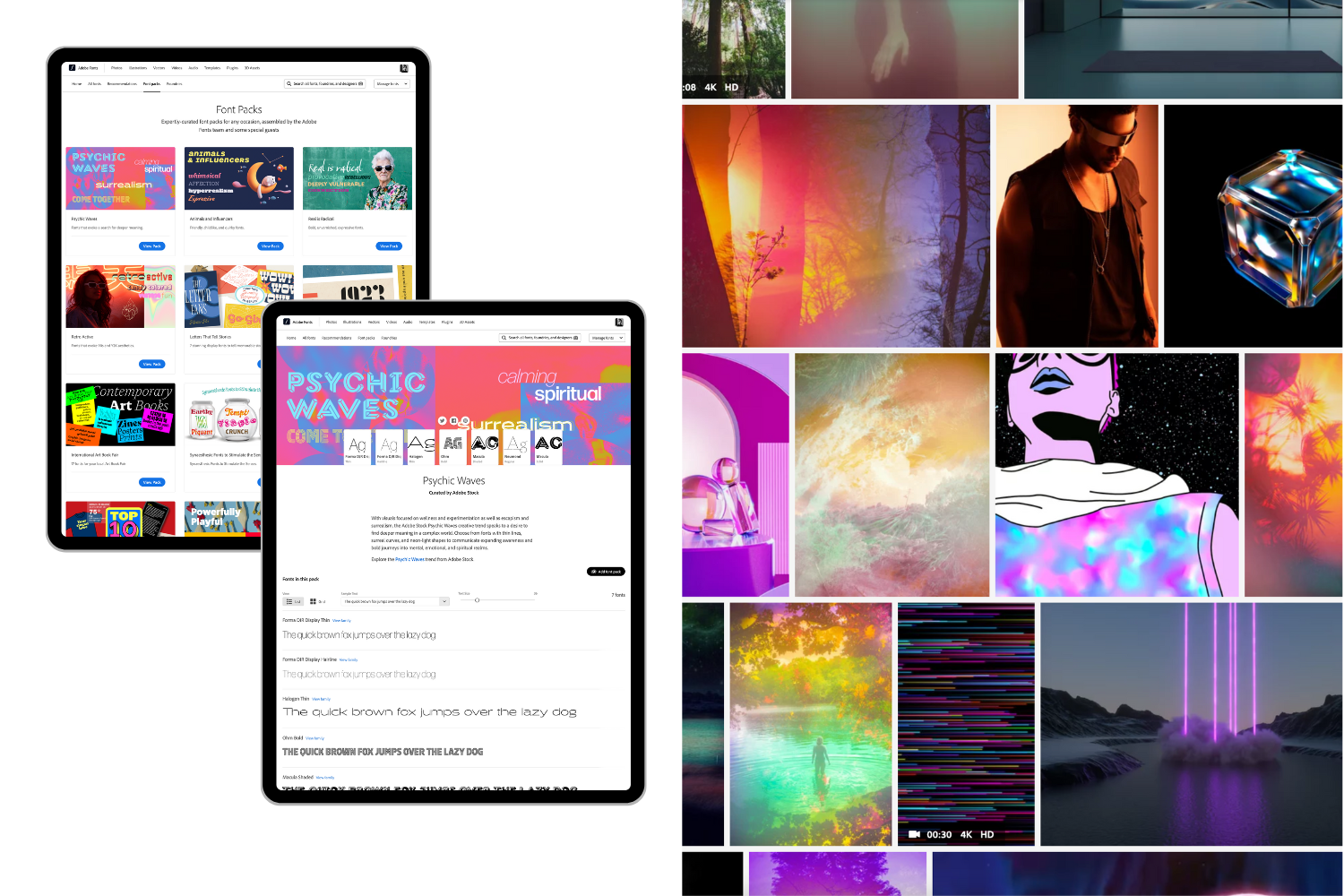 Adobe Creative Trends campaign. Left: Adobe Fonts partnership: Font Packs. Right: Detail from the Psychic Waves creative trend gallery, curated by Adobe Stock.