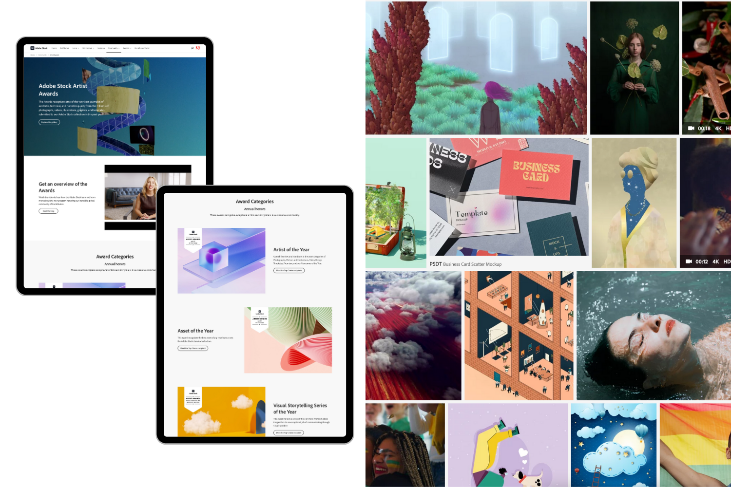 Adobe Stock Artist Awards campaign. From left: Artist Awards landing page; Annual Honors categories; detail from a visual gallery of honoree work on Adobe Stock.

--
From over 340 million assets in the stock content collection, the company recognized