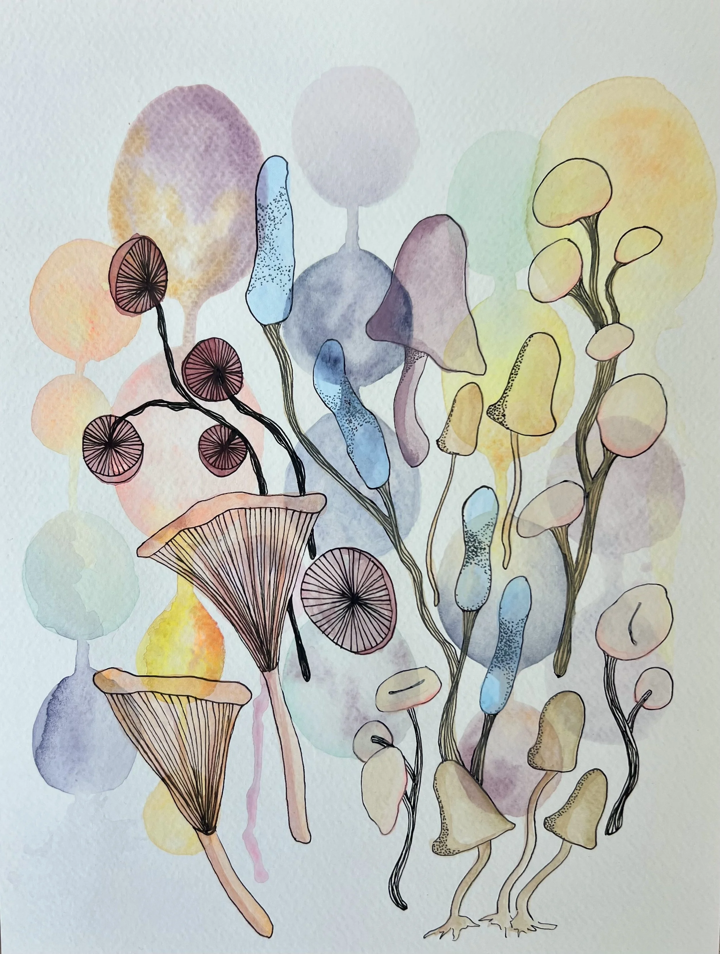 Fungi party 2. Watercolor and ink on paper, 9x12"