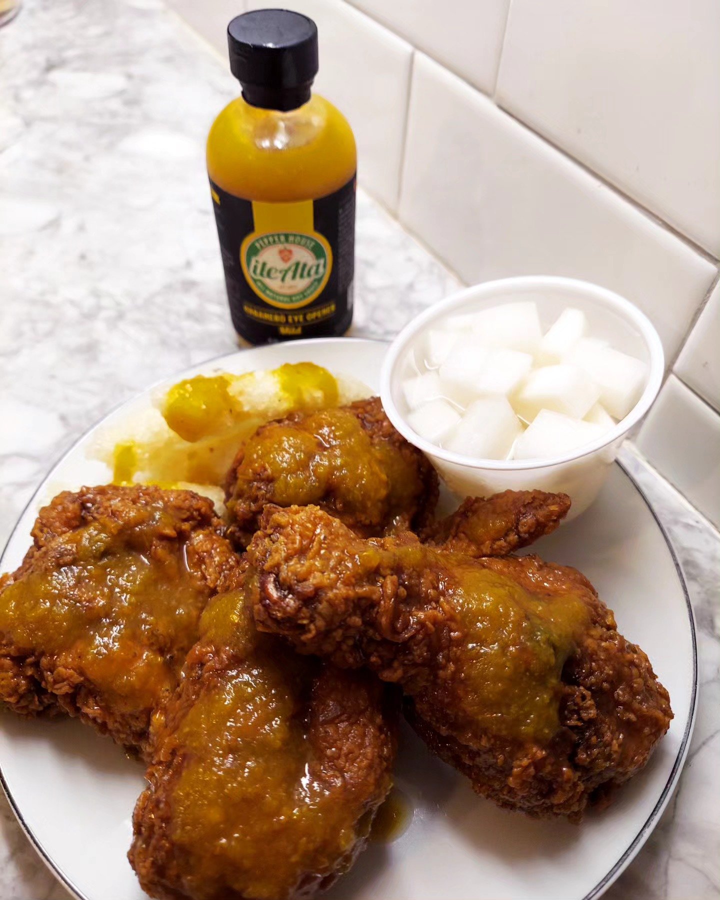 Korean fried chicken and yellow mild Habanero Eye Opener hot sauce. Great taste! #HabaneroEyeOpener #HabaneroHotSauce #HotSauce #YellowHotSauce #KoreanFriedChicken #KoreanFood #MadeWithHabanero #Spicy #SpicyHotSauce
