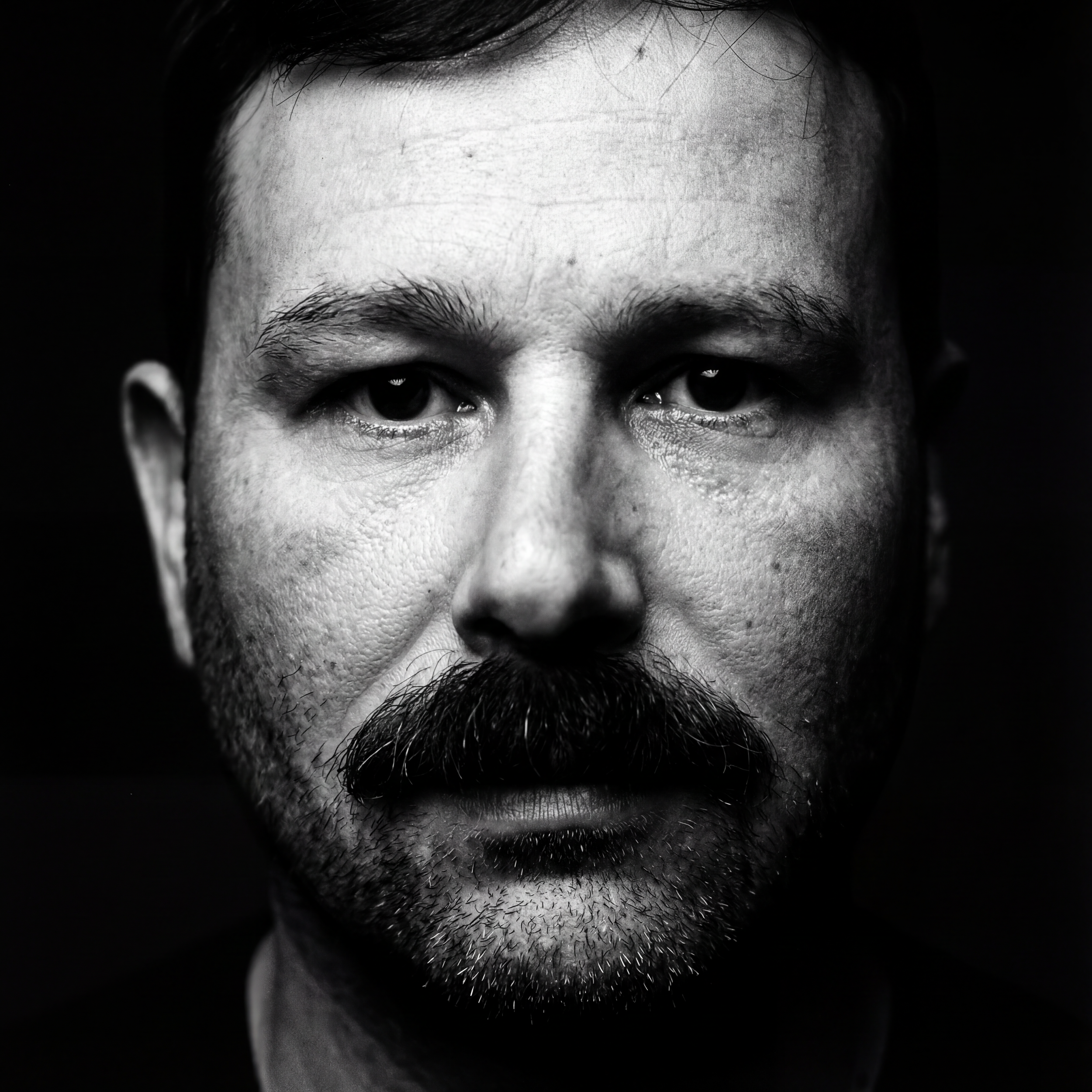 Close-up black and white portrait of a man with a beard and mustache, looking directly at the camera with a serious expression.
