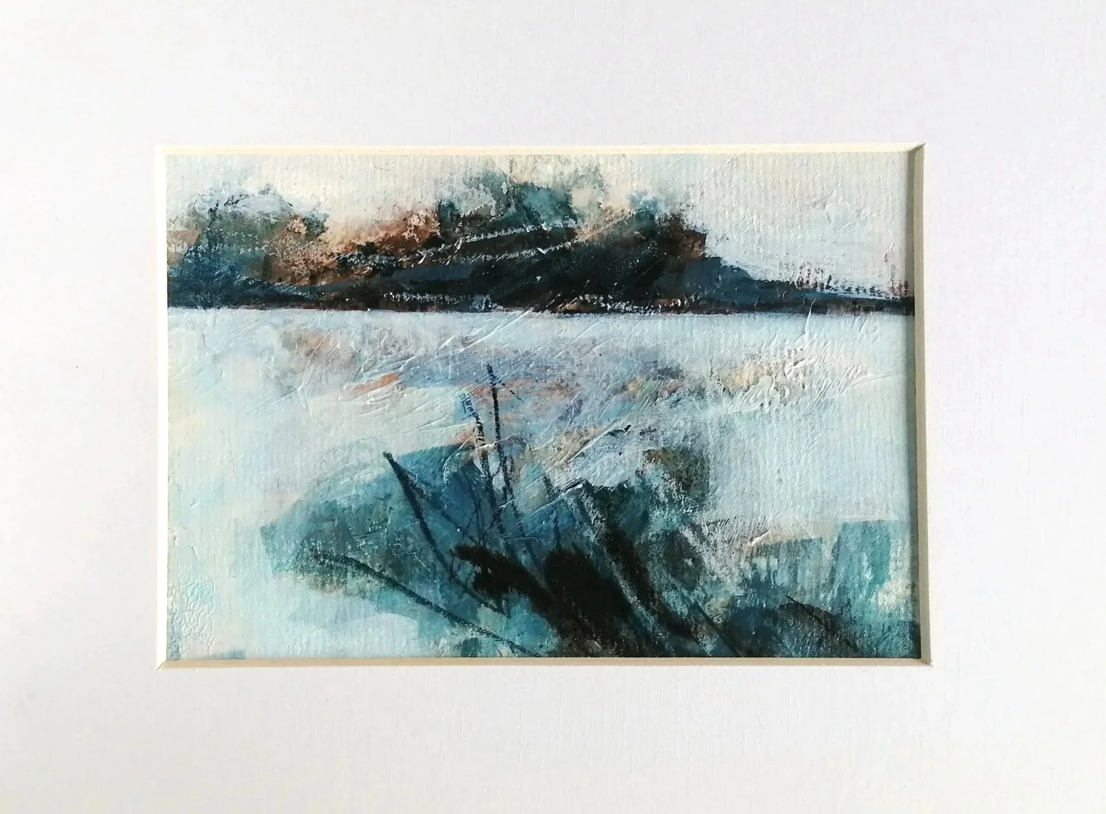 Original abstract coastal landscape painting in blue tones, mixed media on paper, UK artist