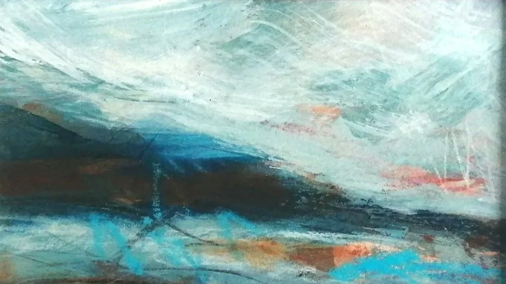 dramatic painting of the coast, with a dark blue landmass and sea and sky in blues, rust orange and white