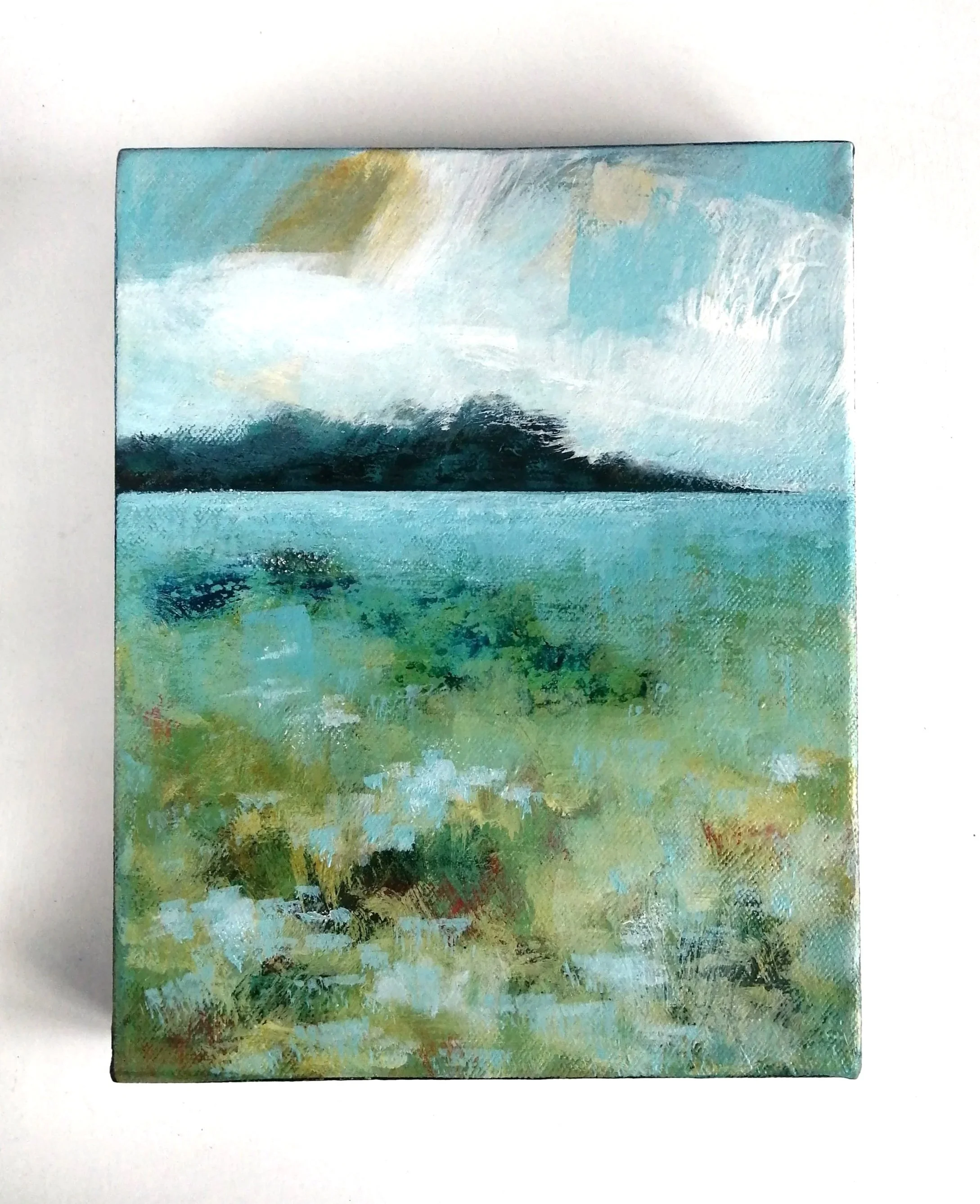 a landscape painting in soft greens and blues, with the suggestion of dark bushes on the horizon and white clouds in the sky