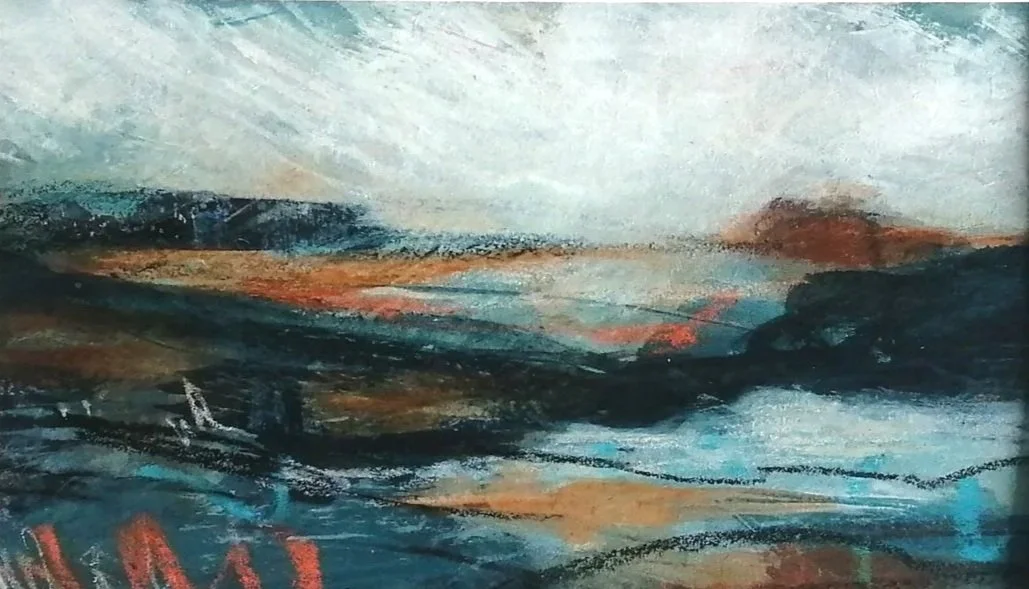 original seascape painting with a stormy sky, in a semi-abstract style; the colours are deep moody blues and warm rust orange