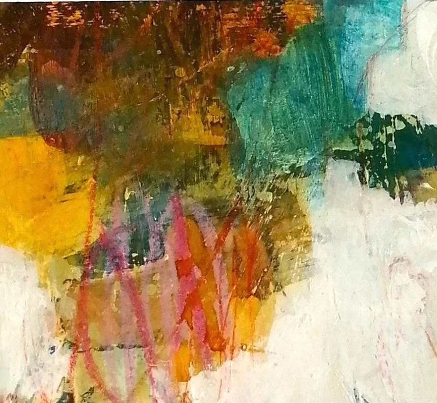 colourful abstract painting in rich deep reds, golden yellow and teal blue, with white areas and red linework