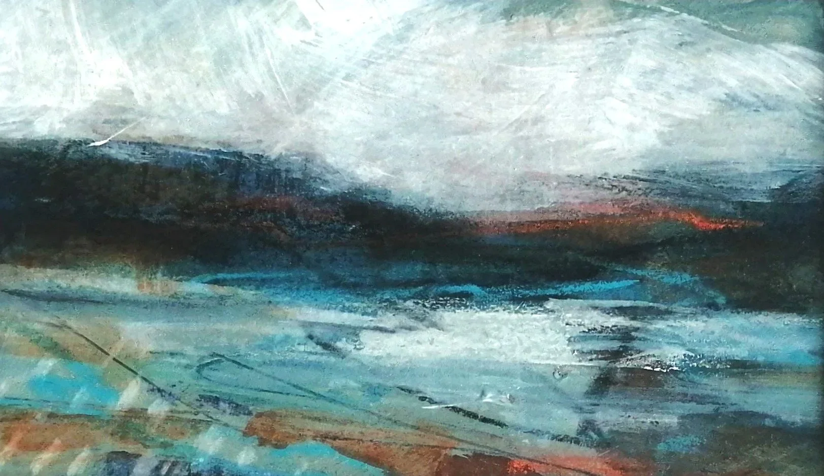 Painting of the coastline, with dark land on the horizon, a cloudy pale sky and a sea in blues with touches of orange