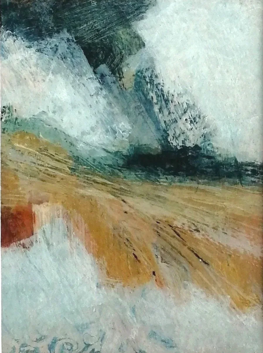 expressive landscape art in greys, whites and neutrals, with dark blue black and warm mustard yellow and orange