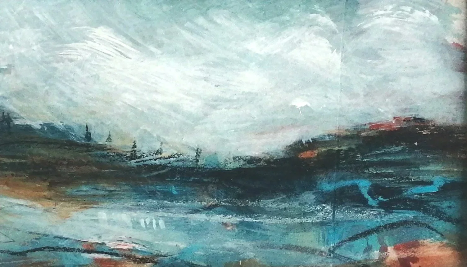Abstract seascape painting with dark land and a pale sky; an expressive artwork with visible brushmarks and warm orange line