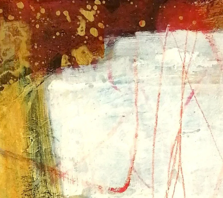 a square abstract painting with textured deep red and warm yellow across the top and right side, and a large white area with expressive fine red lines