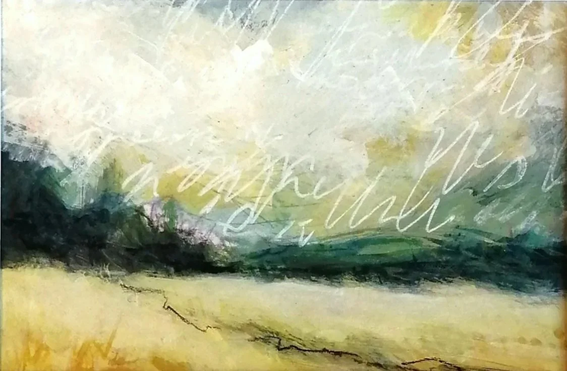 abstract landscape painting in yellows, greys and dark blue. There are loose expressive brushmarks suggesting foreground and bushes, and a cloudy sky with white Asemic writing