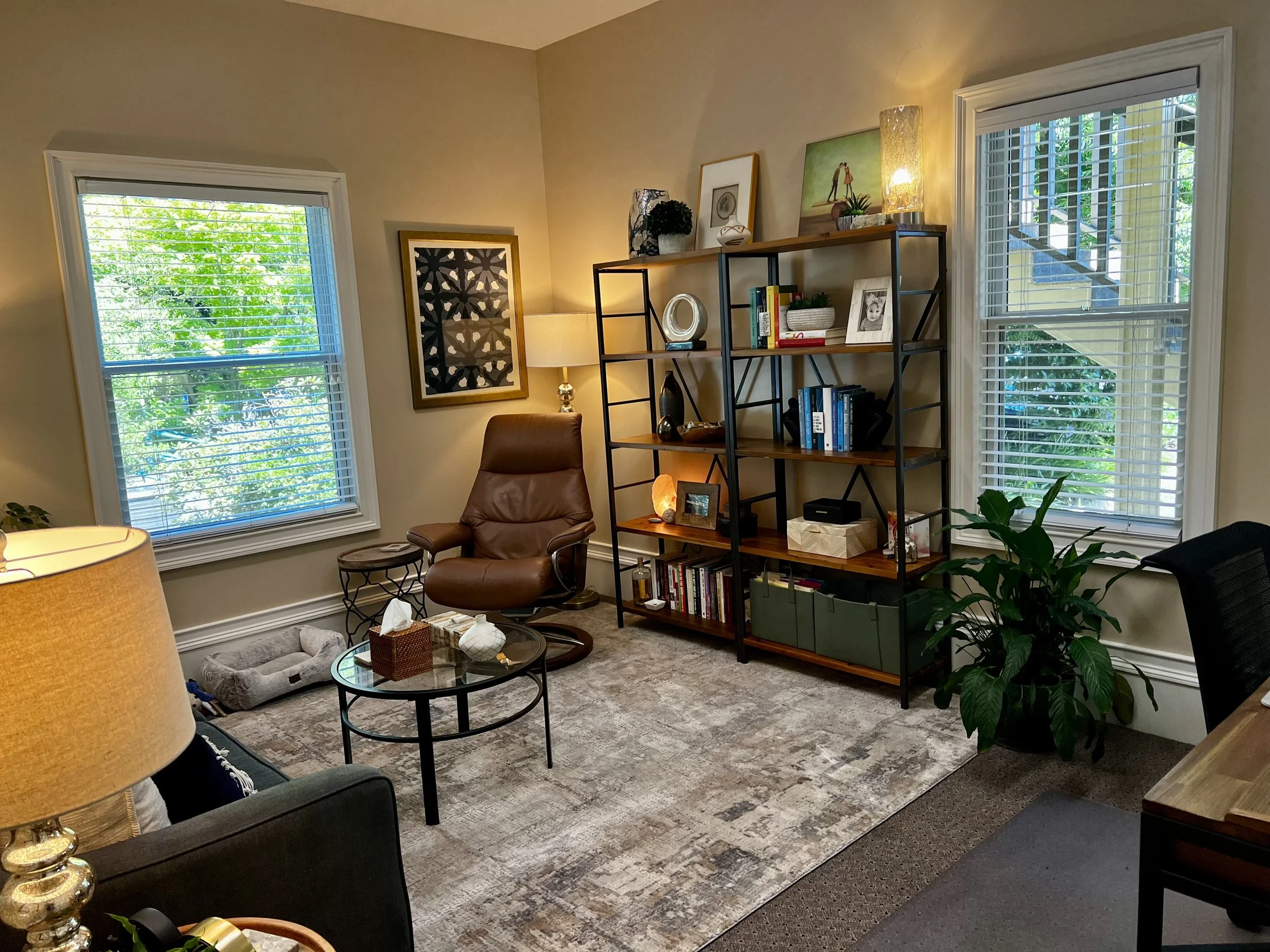 Living room with two large windows with blinds, a bookshelf with decorative items, a brown armchair, a plant, a small table with a salt lamp, and framed artwork on the wall.