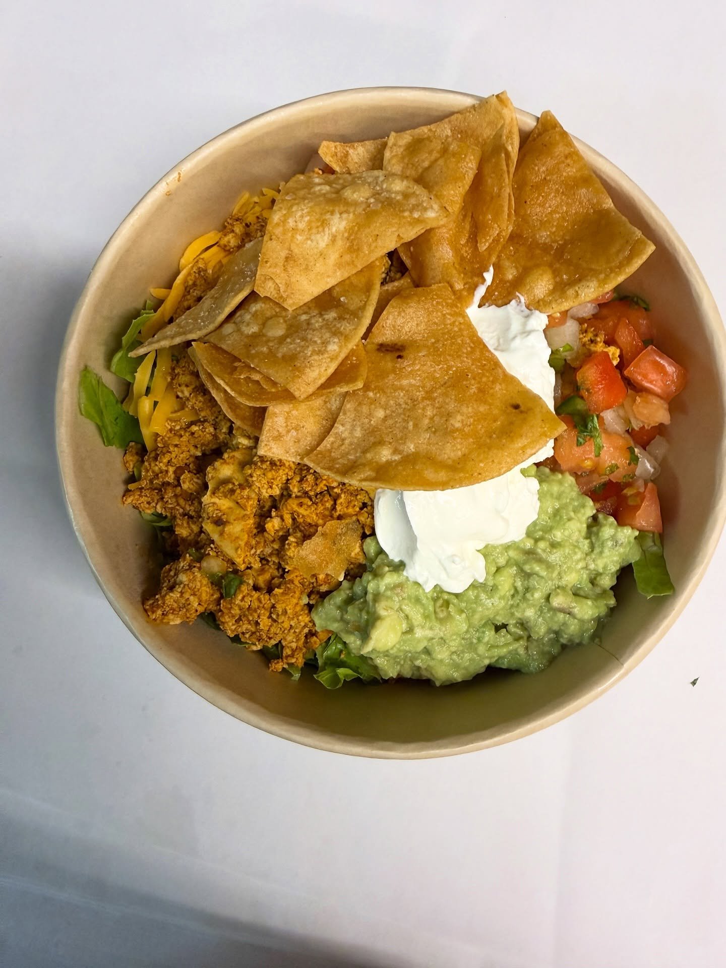 TACO BOWL W/ SEASONED TOFU OR RELIABLE MARKET GROUND BEEF TODAY!  GOOD GOOD.