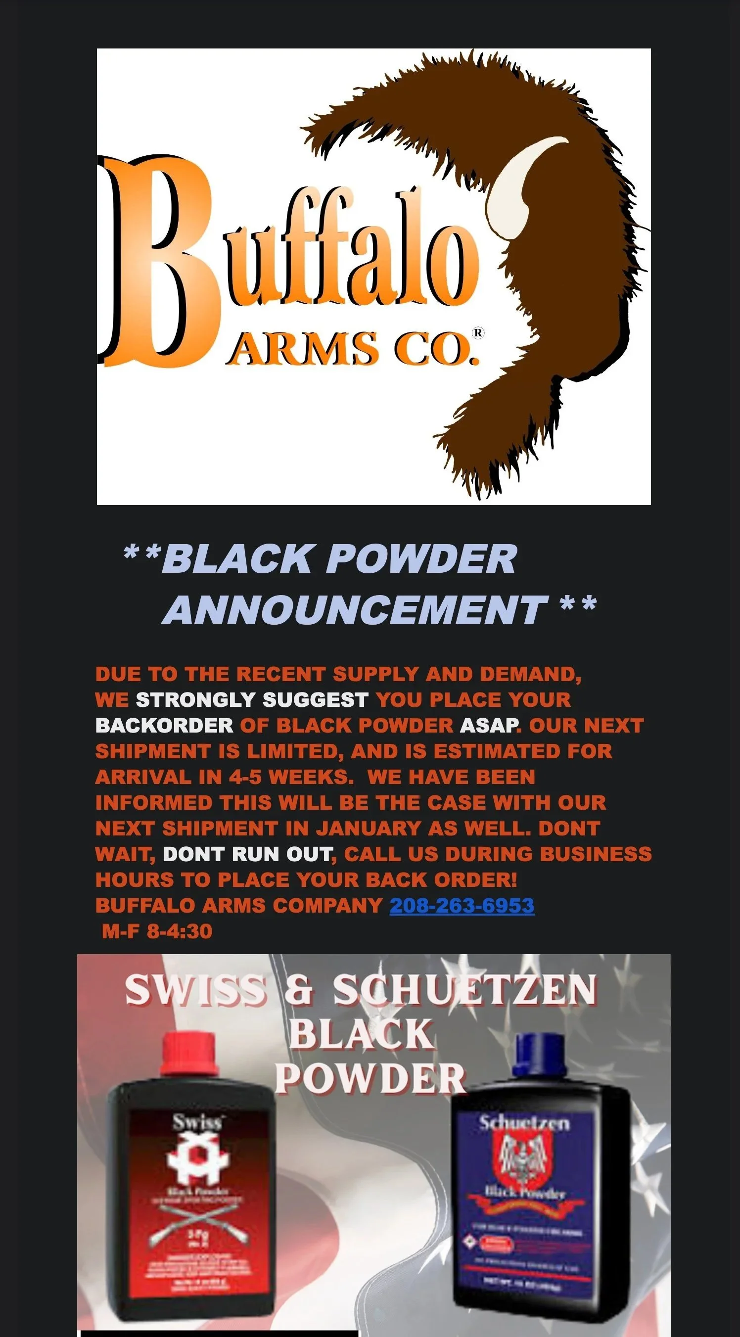 Buffalo Arms Confirms Blackpowder Delays Through 2025, January 2026