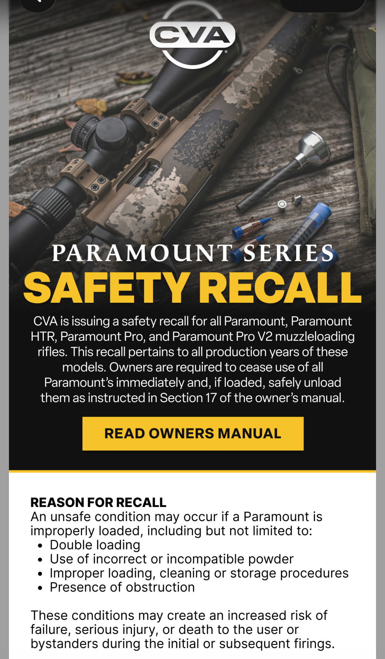 CVA Issues RECALL of ALL Paramount Muzzleloaders