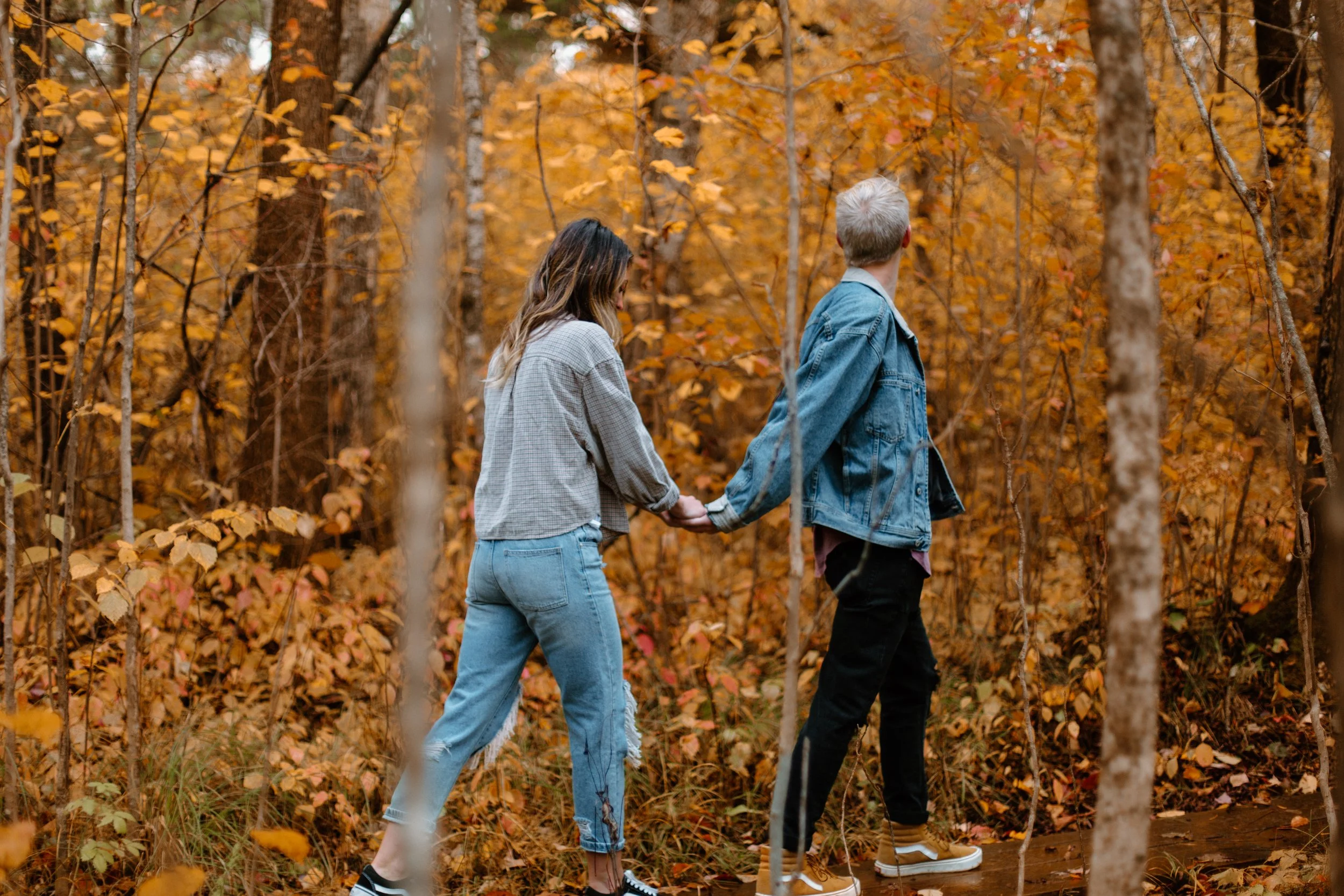 A couple holding hands walking through a forest with autumn leaves on the trees.