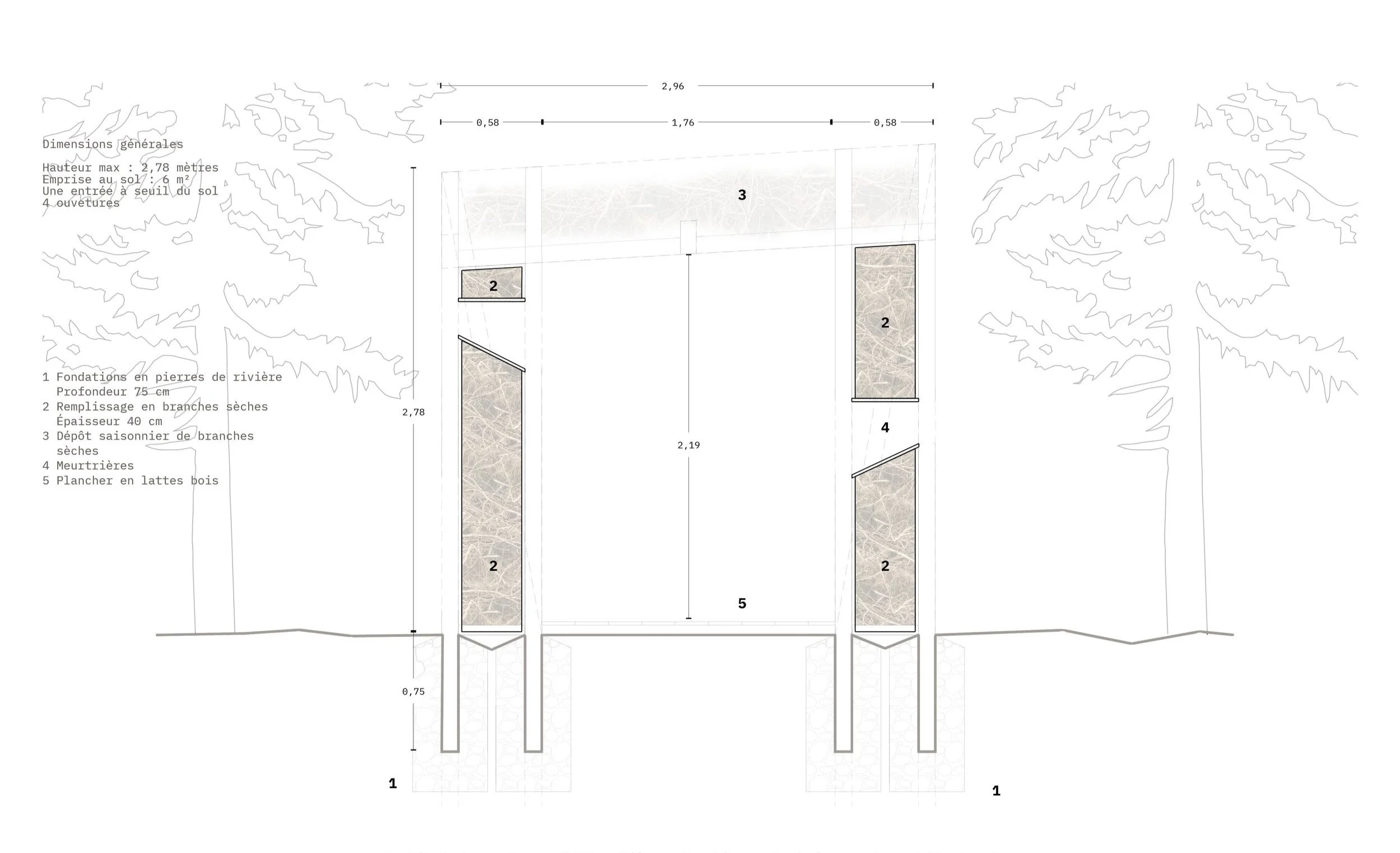 Plan d'architecture d'une structure de stockage pour branches sèches avec fondations en pierre de rivière, remplissage en branches, dépose saisonnière, meurtrières et plancher en lattes de bois.