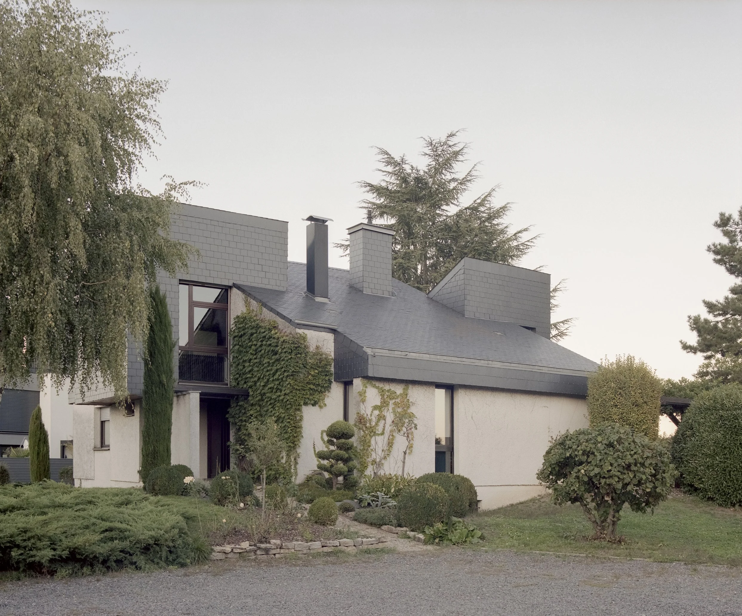 Maison moderne avec toits en ardoise, entourée de végétation et d'arbres, paysage pastoral dans un style minimaliste.