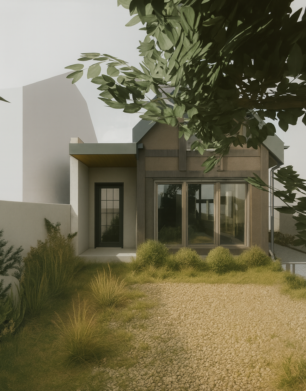 Vue d'une maison moderne avec de grandes fenêtres, entourée de végétation et un chemin en gravier devant.