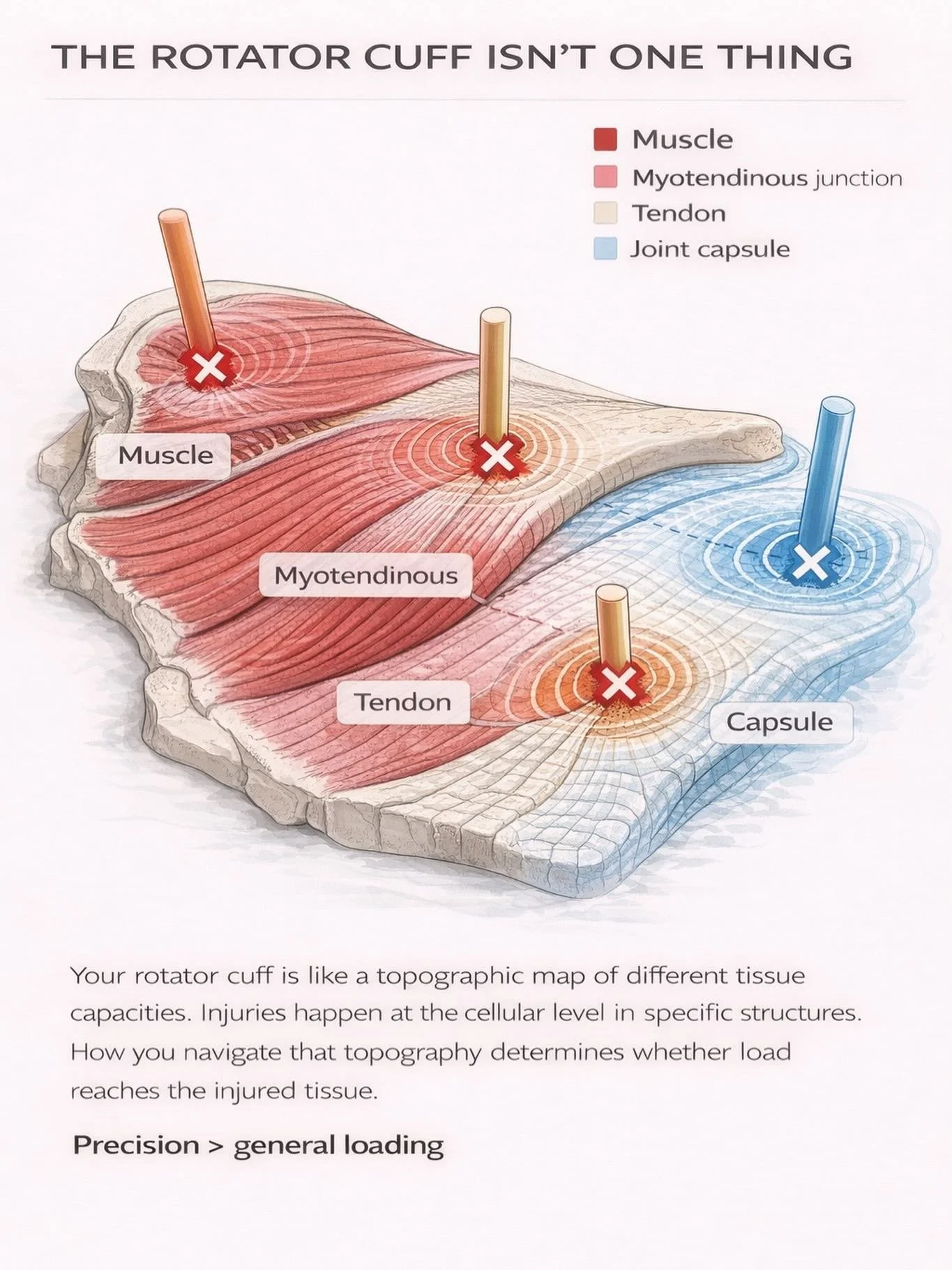 A rotator cuff injury isn&rsquo;t just about muscles or exercises&mdash;
You have to consider the scope of the landscape.

The health of the joints involved.
The health and quality of the connective tissues.
And how they influence rotator cuff injuri