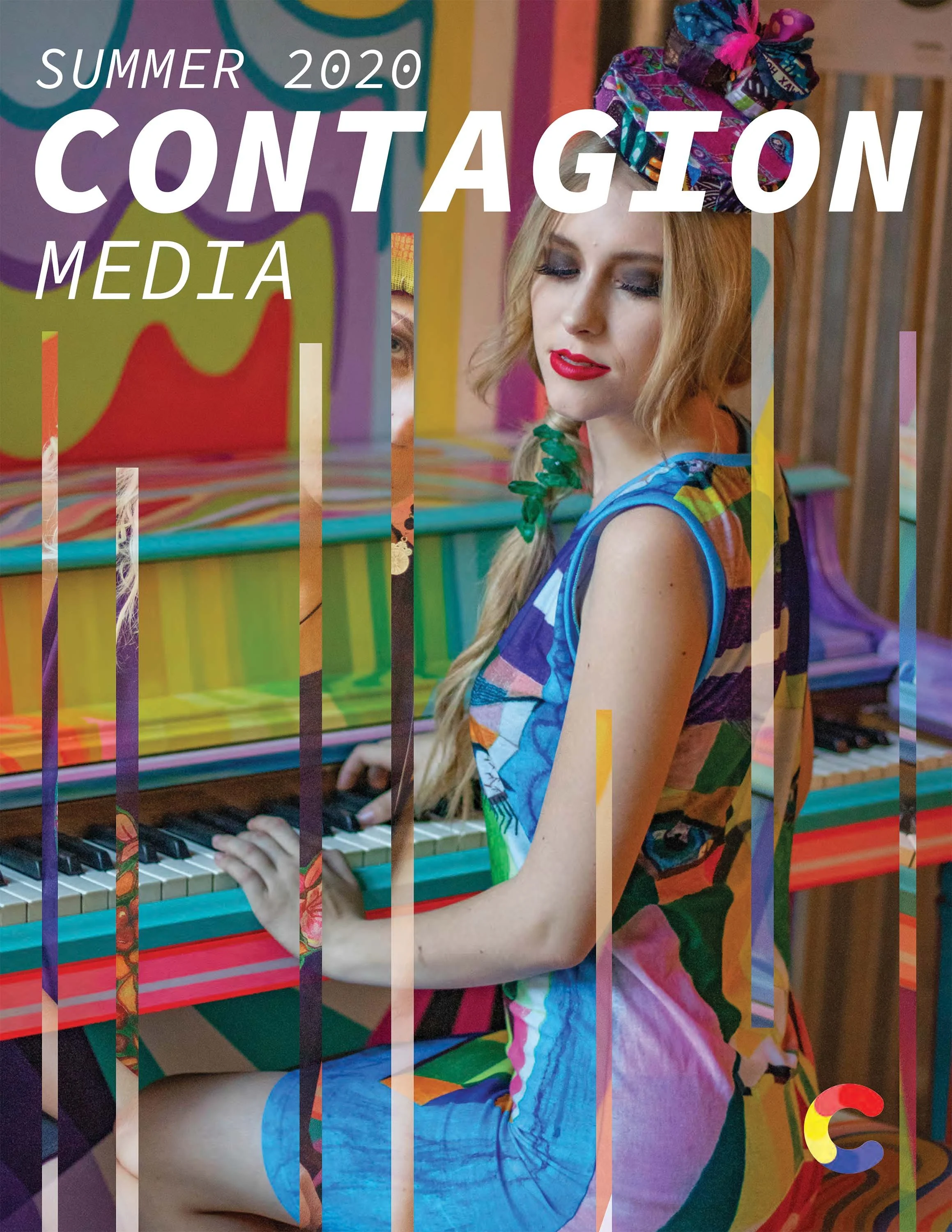 Contagion Media 2020 Magazine Design Page of Model in Colorful clothing and backgroud