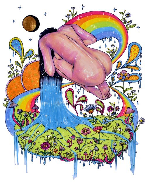 Women bowing down on her knees with purple skin her hair blending into a waterfall below her with a small green island with mushrooms, a rainbow from her top right to bottom left and a moon