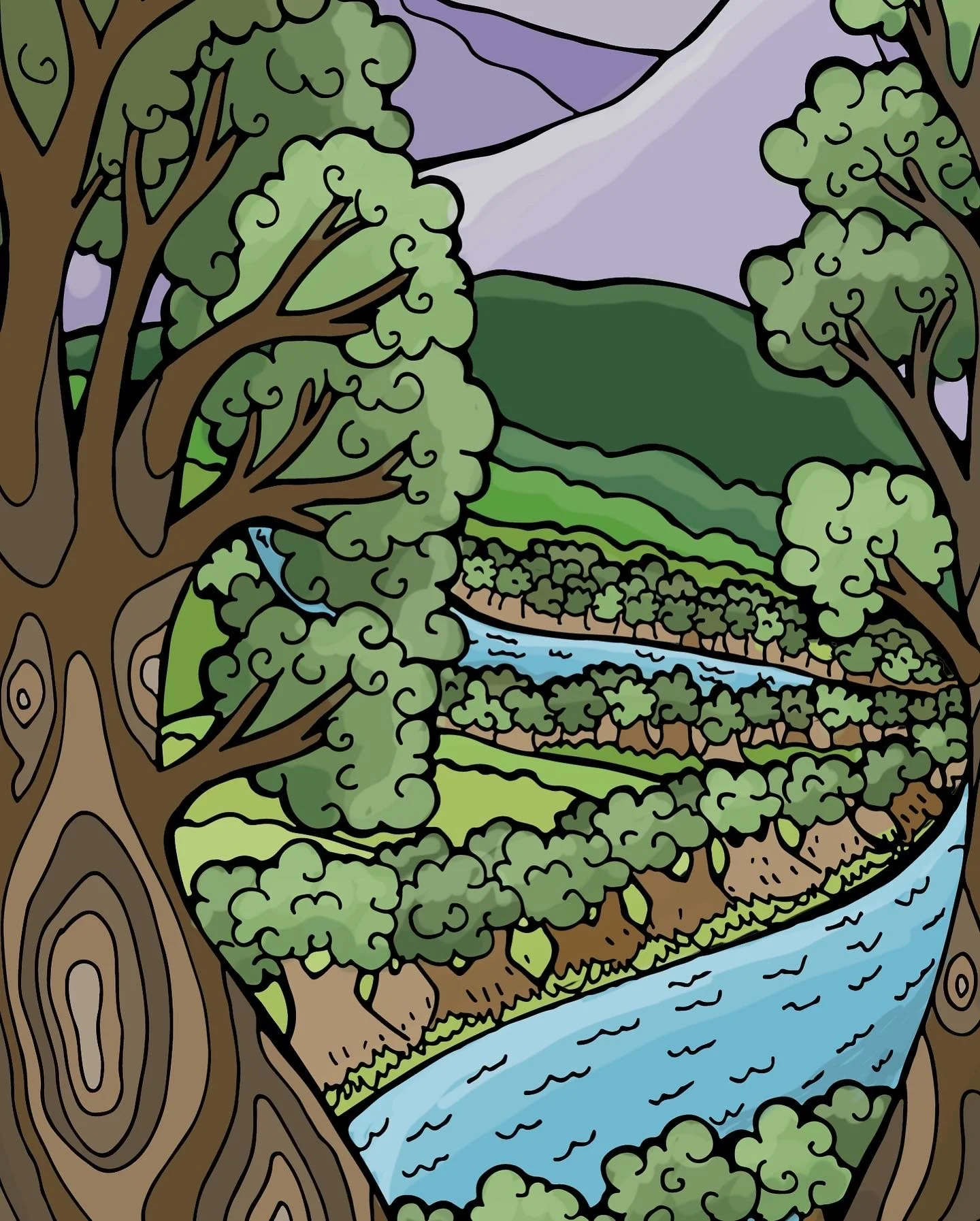 a Digital illustration of a forest and a river with a mountain range in stained glasses vibe