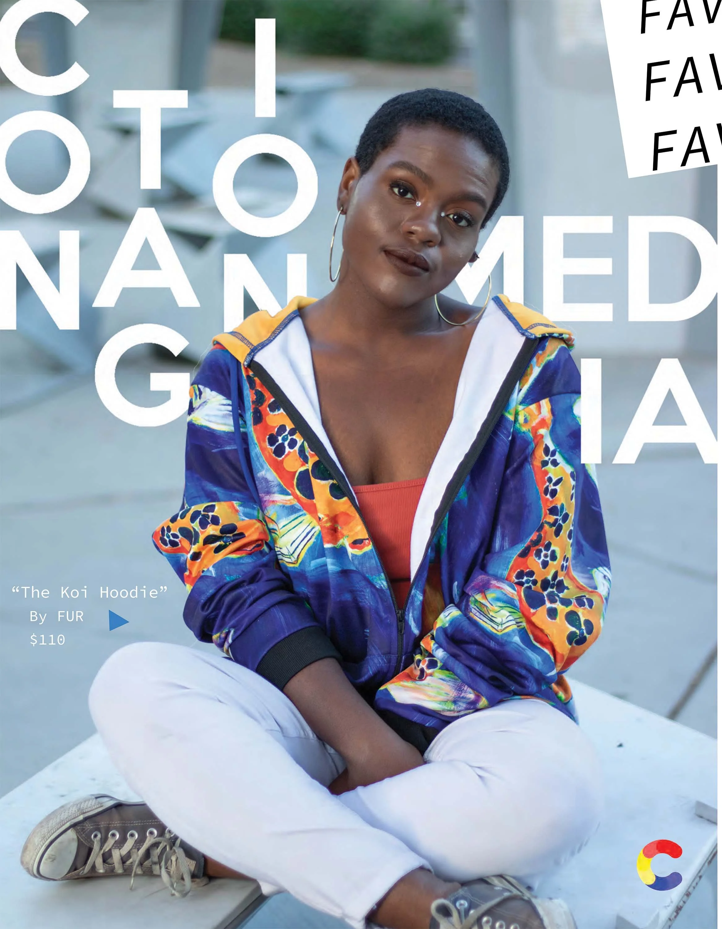 Magazine cover with a women of color modeling a koi fish jacket