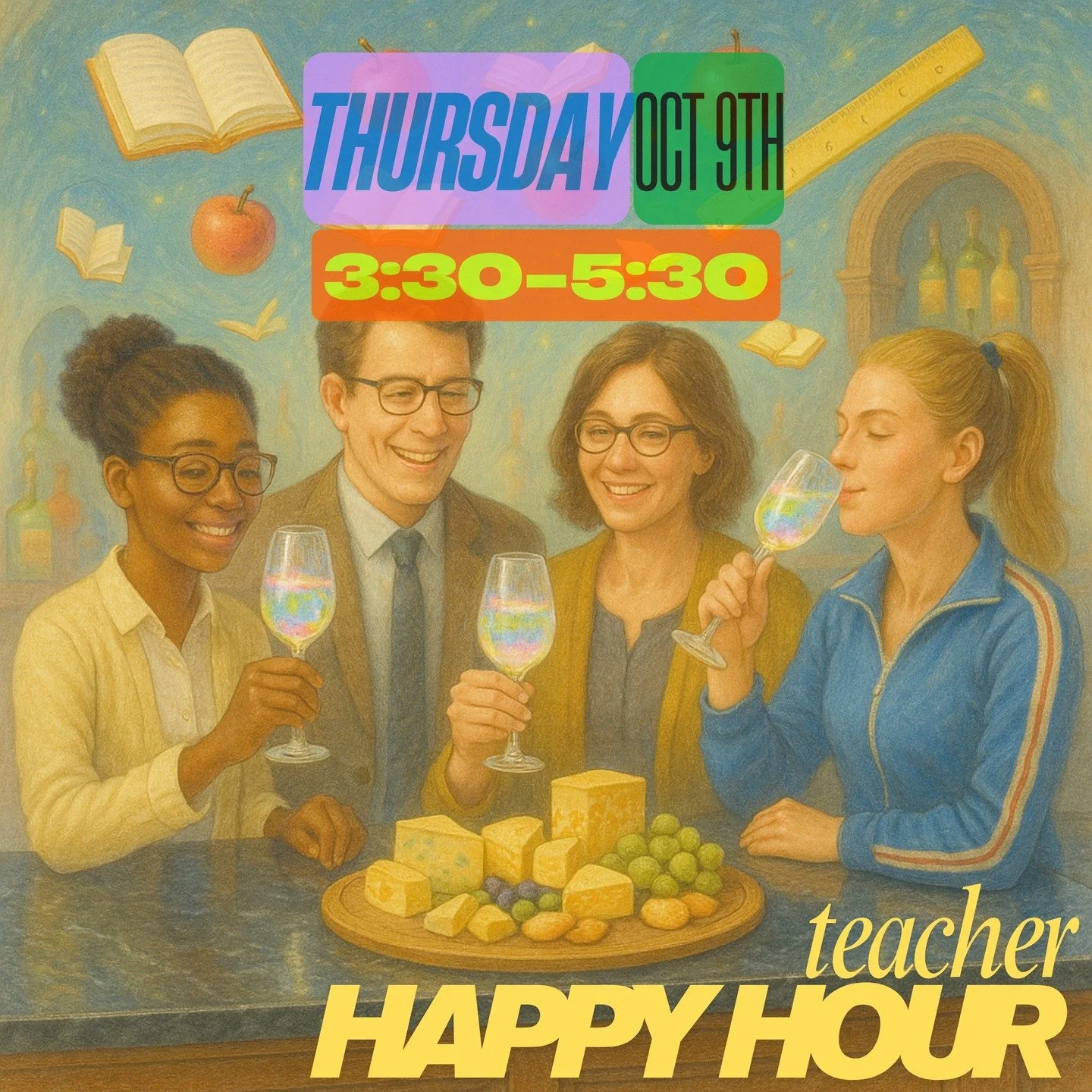 Teacher Happy Hour this Thursday Oct 9th from 3:30 - 5:30.