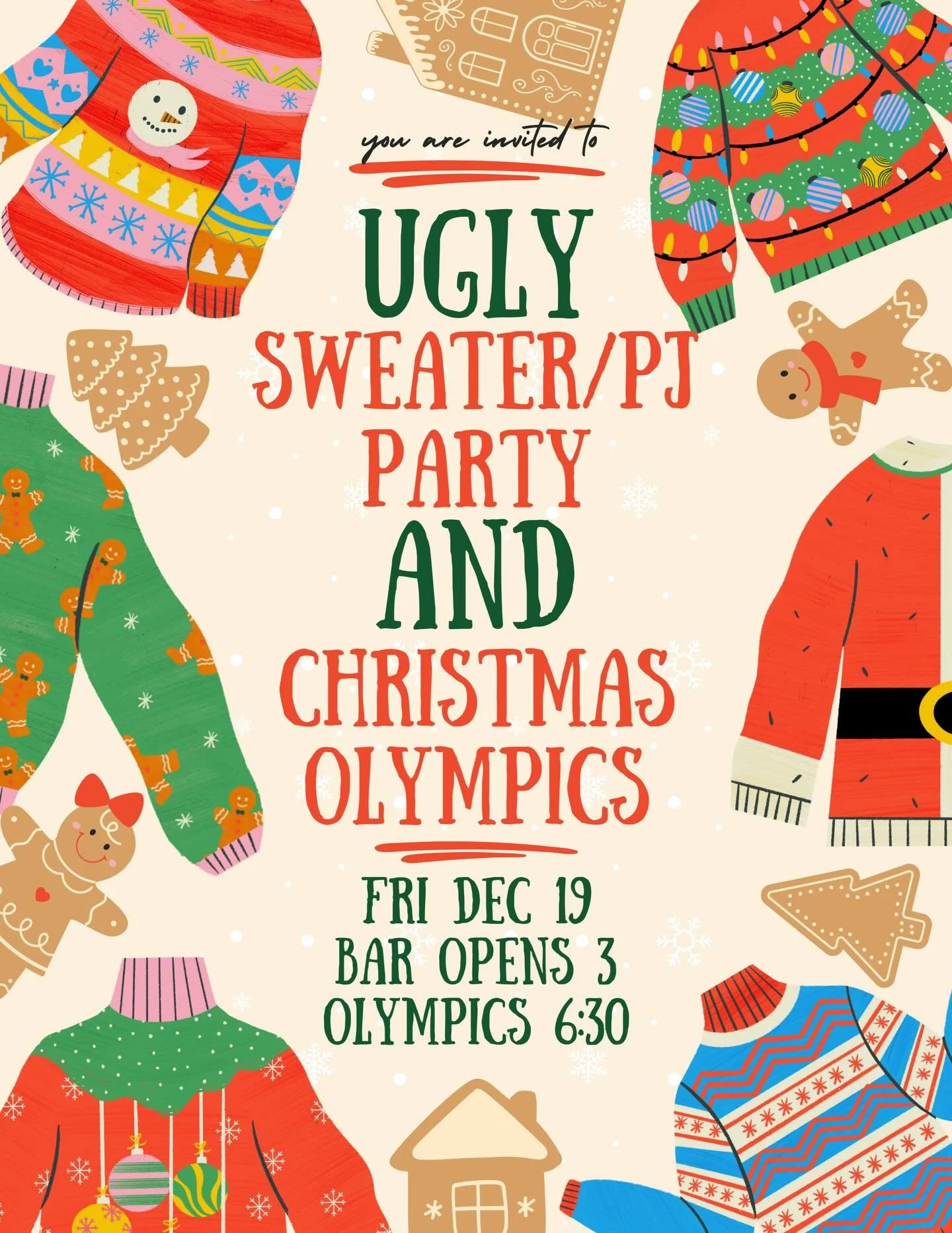 Ugly Sweater / PJ Party - Fri December 19.  Bar opens at 3. Christmas Olympics at 6:30. #visitclarksdale